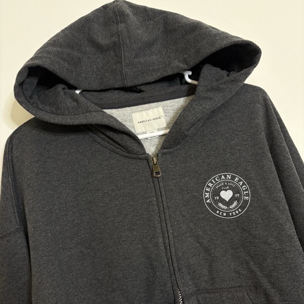 American Eagle Full Zip Hoodie Fleece Jacket Size Large Gray Graphic Pockets EUC